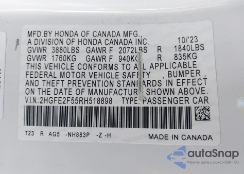 2024 Honda Civic Sport из США, поврежденный, VIN 2HGFE2F55RH518898